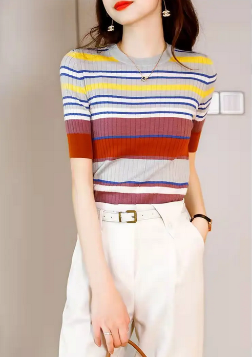 Striped T-Shirts Contrast Color Slim O-Neck 