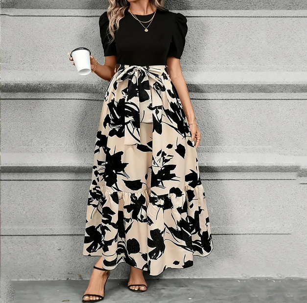 Black top and beige floral skirt two-piece maxi dress outfit