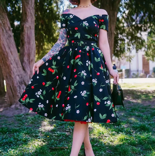 Black vintage pin-up dress with cherry and floral print